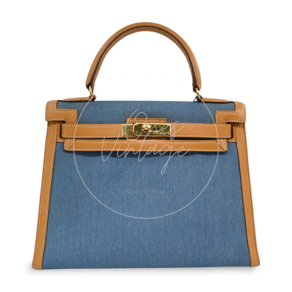 Hermès Kelly 28 in blue denim and Barenia leather with gold hardware, Circle Z stamp, front view with top handle
