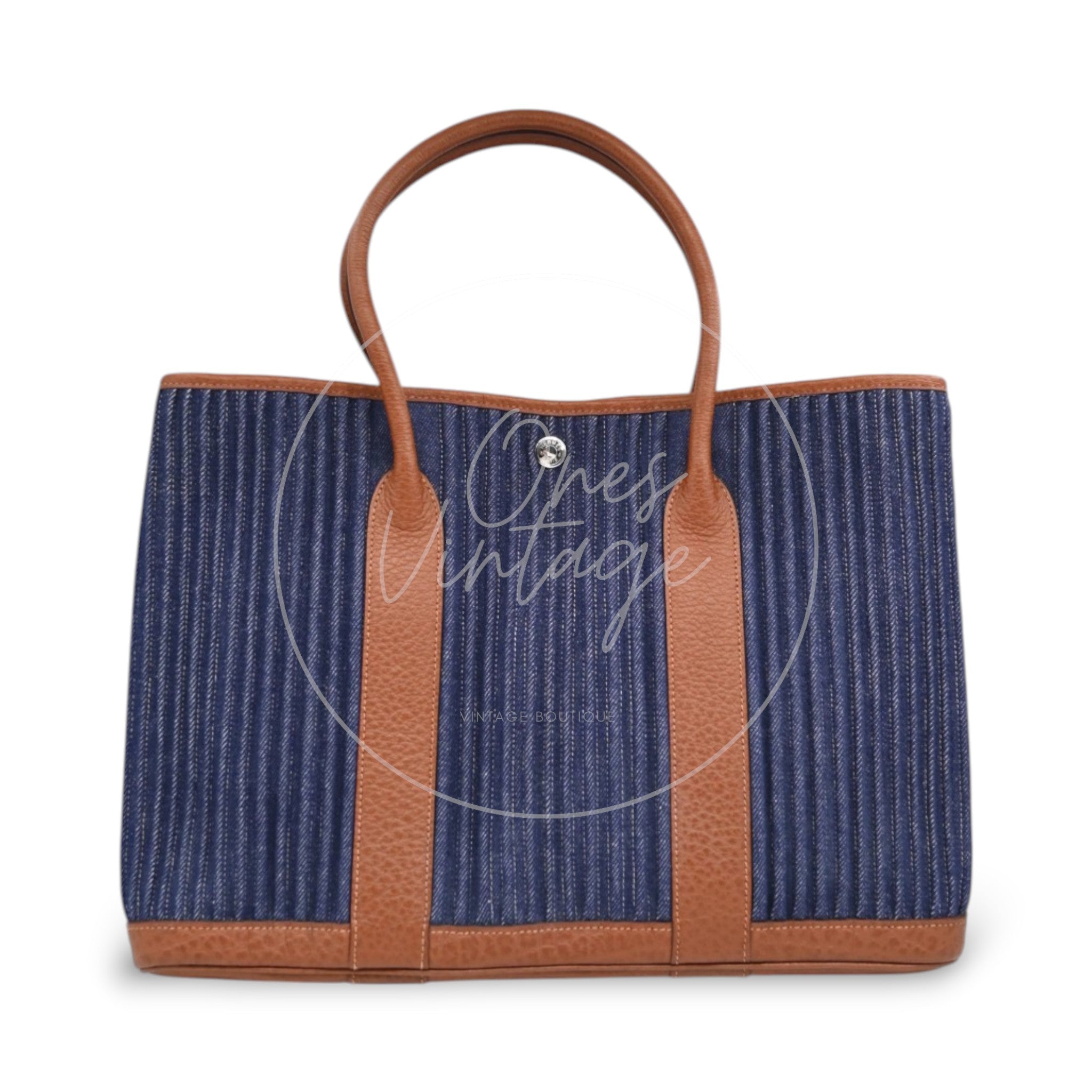 [Pre-owned] Hermes Blue Brown Denim and Leather Garden Party 36 Bag Stamp L