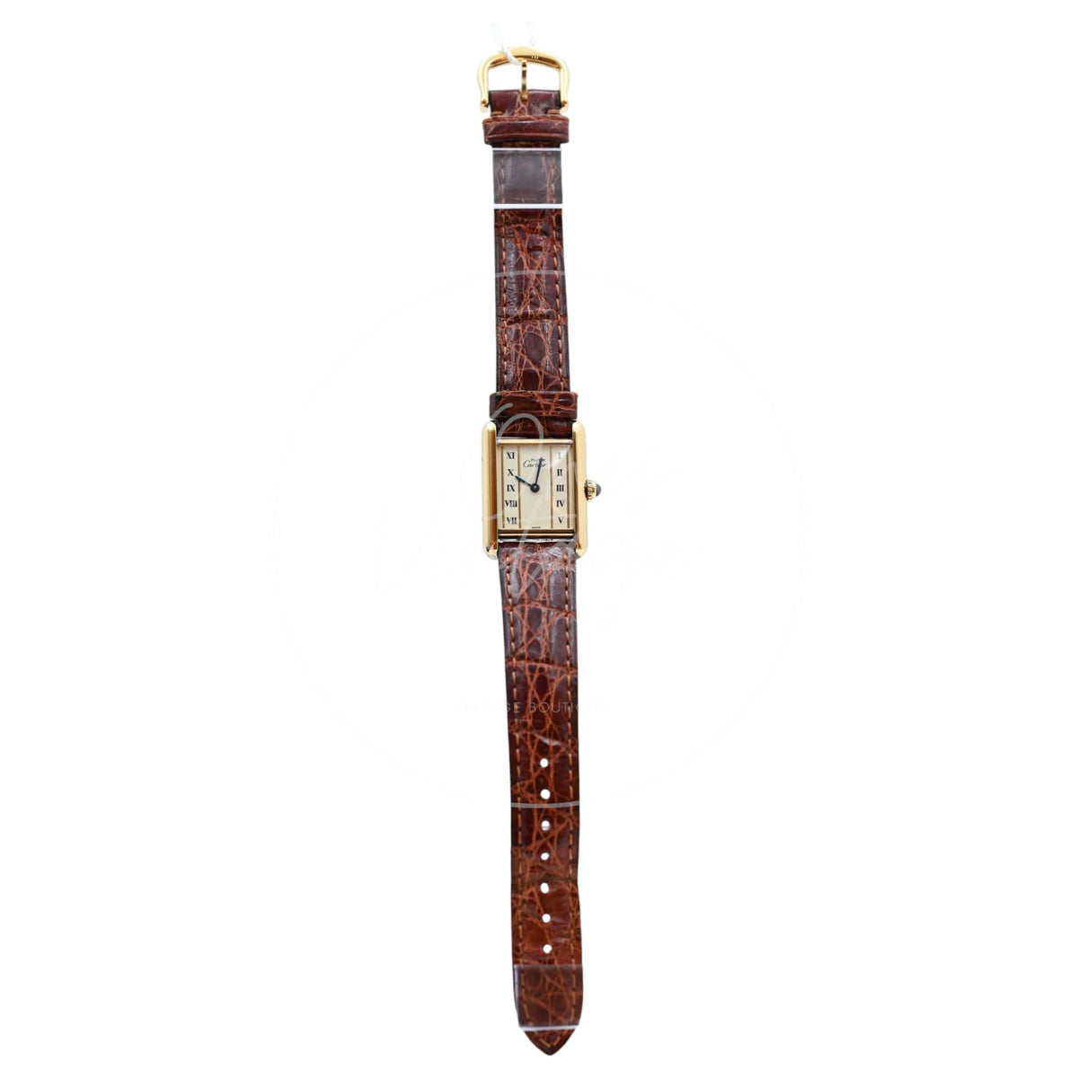 Cartier Must de Tank quartz watch with ivory column Roman dial and brown leather strap, full front view with crocodile-pattern leather strap