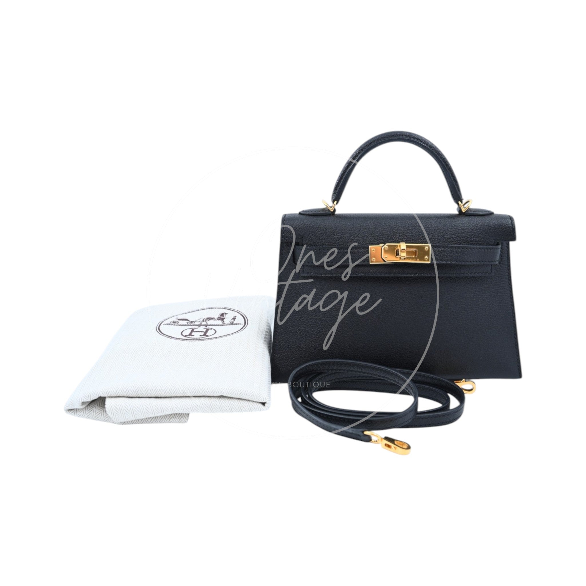 [Pre-owned] Hermes Mini Kelly Black Chèvre Stamp A GHW Bag