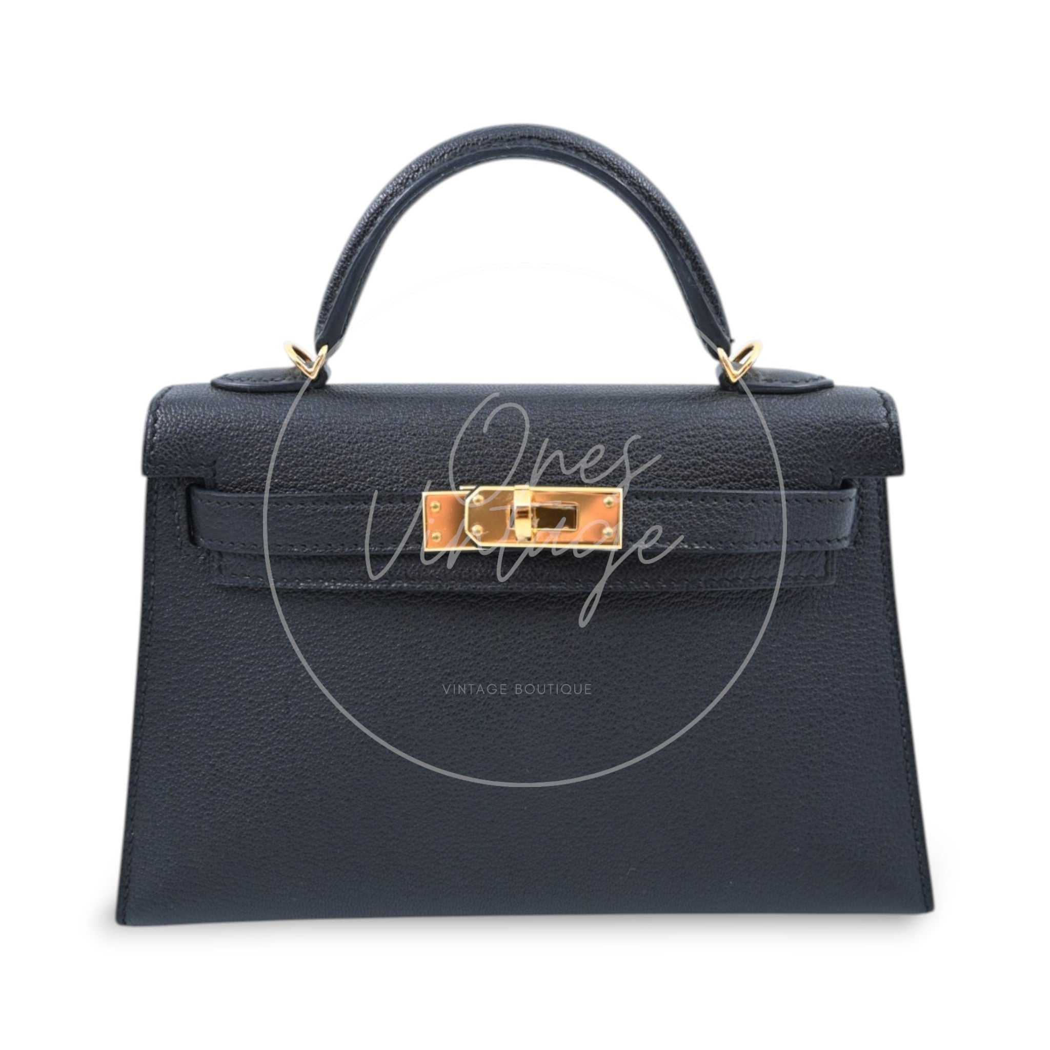 [Pre-owned] Hermes Mini Kelly Black Chèvre Stamp A GHW Bag