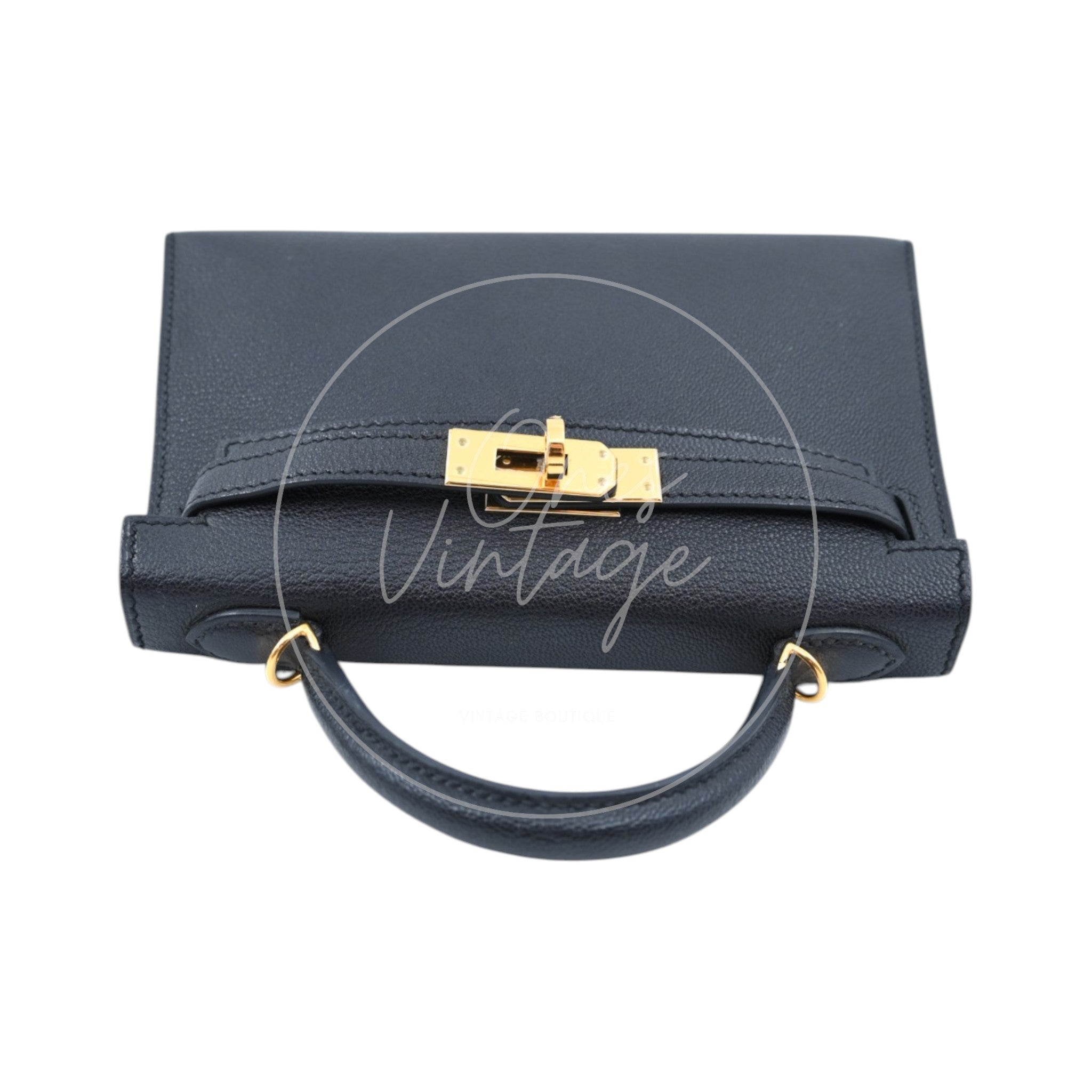 [Pre-owned] Hermes Mini Kelly Black Chèvre Stamp A GHW Bag
