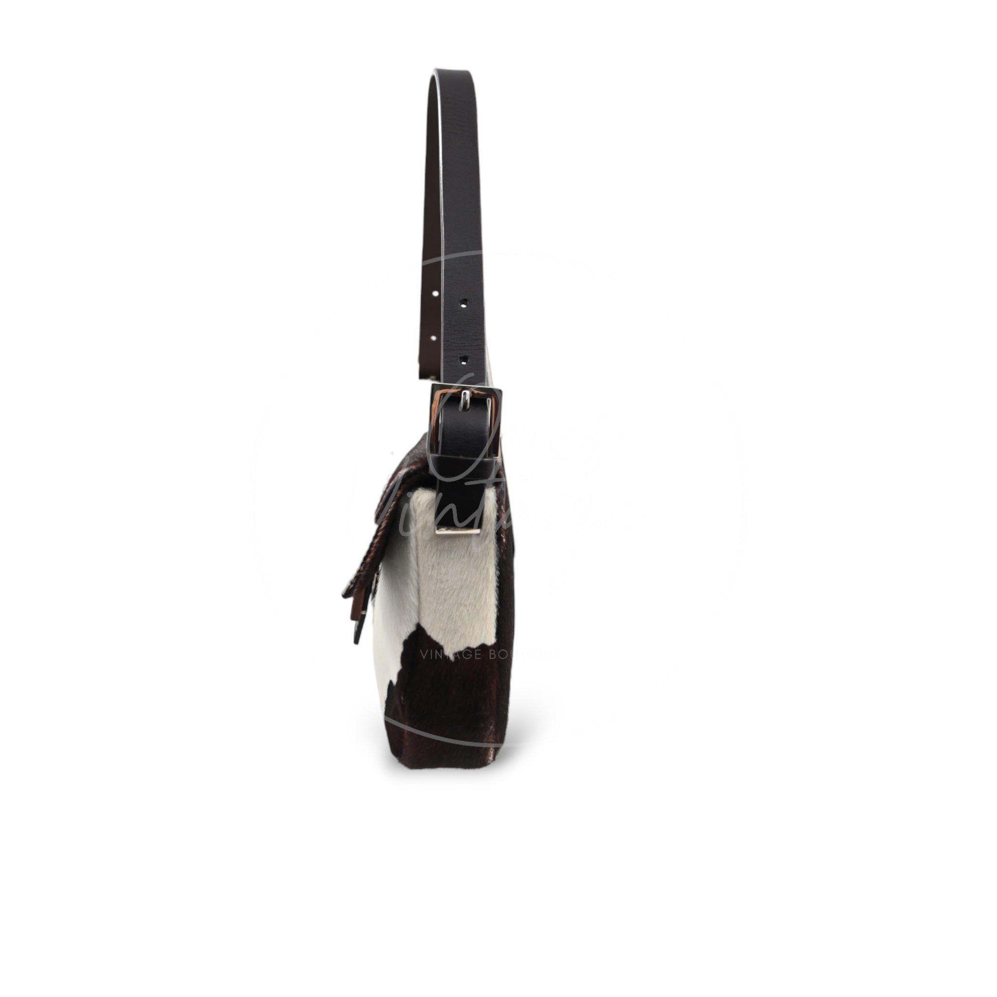 [Pre-owned] Fendi White Cow Print Pony Hair Baguette