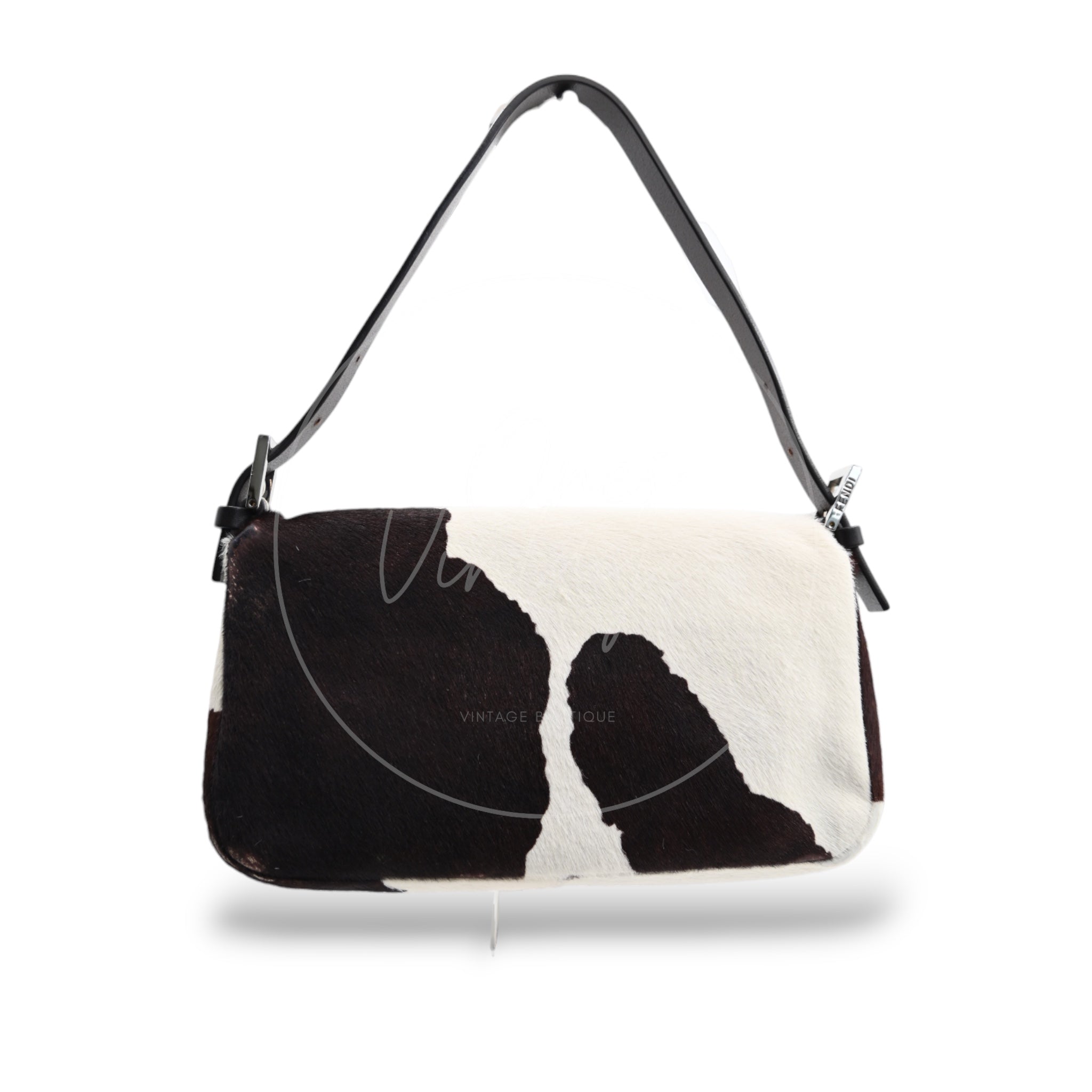 [Pre-owned] Fendi White Cow Print Pony Hair Baguette