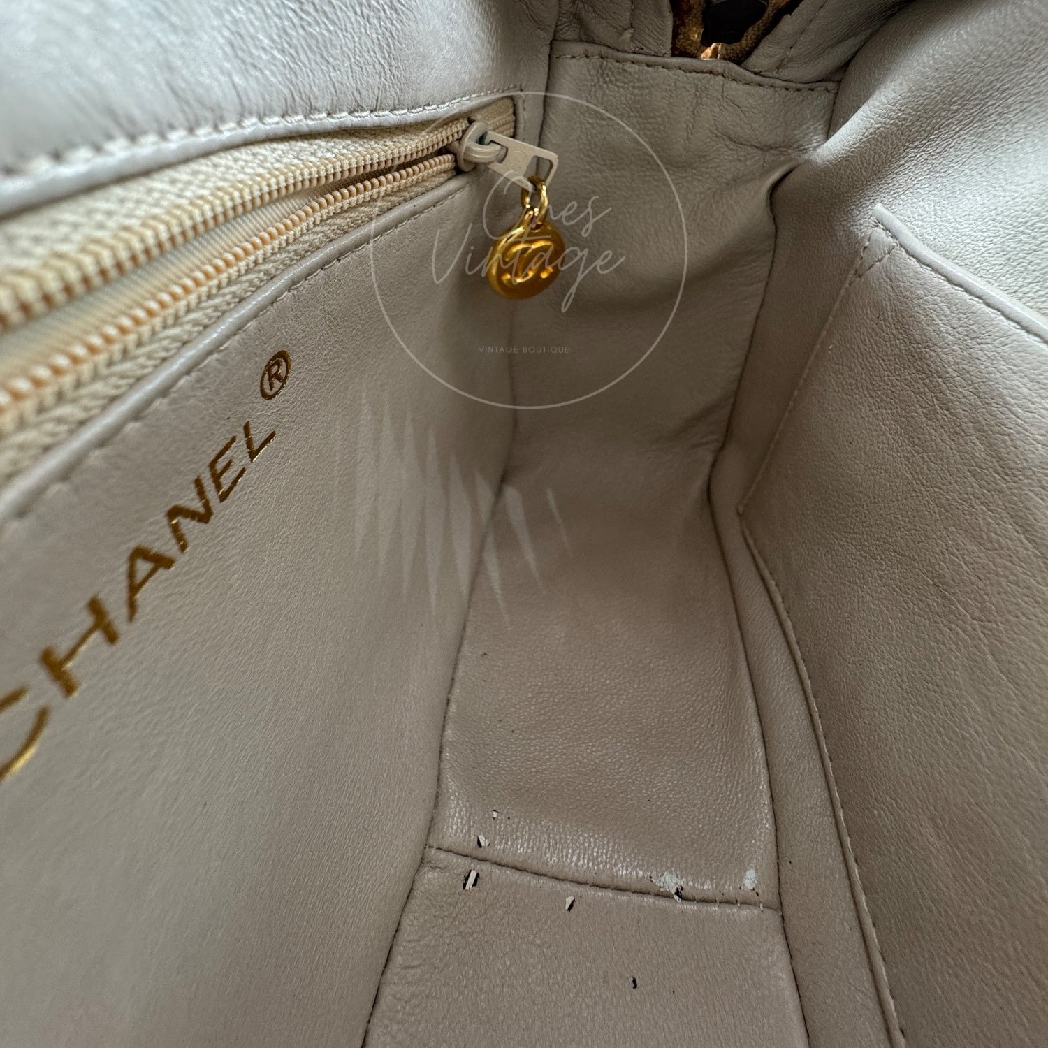[Pre-owned] Chanel Beige Caviar V Stitch Fringe Mini Camera Bag