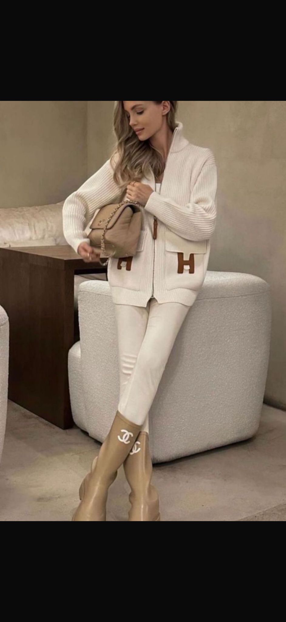 [Unused] Hermes Cream Zip Cardigan Brown Leather H Size 34