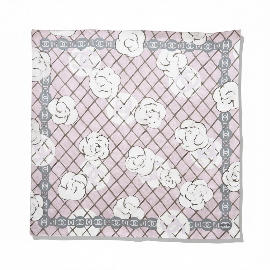 [Pre-owned] Chanel Pink Checkered with White Camellia Pattern Square Scarf