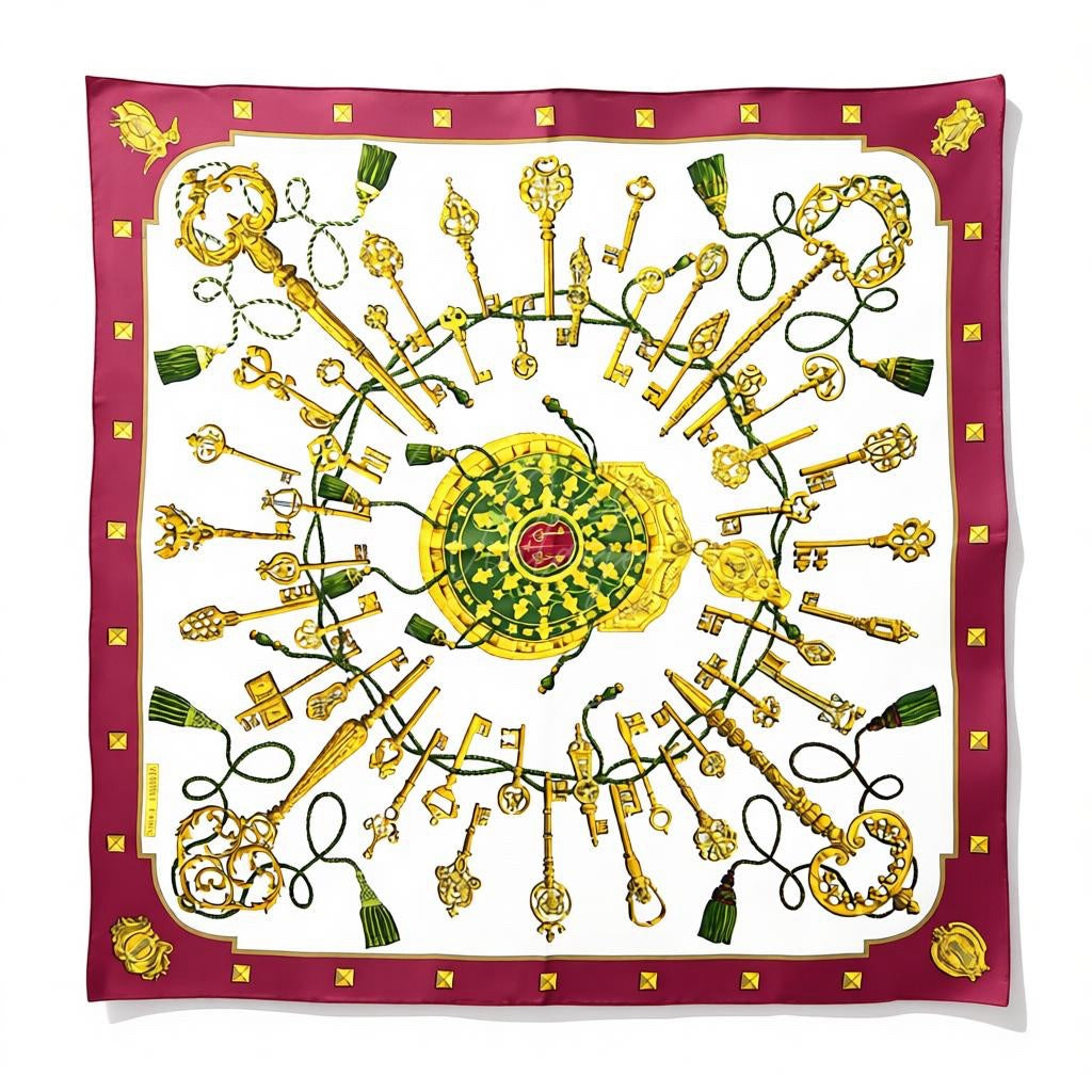 [Pre-owned] Hermes Carre 90 Keys Les Cles Red Square Scarf