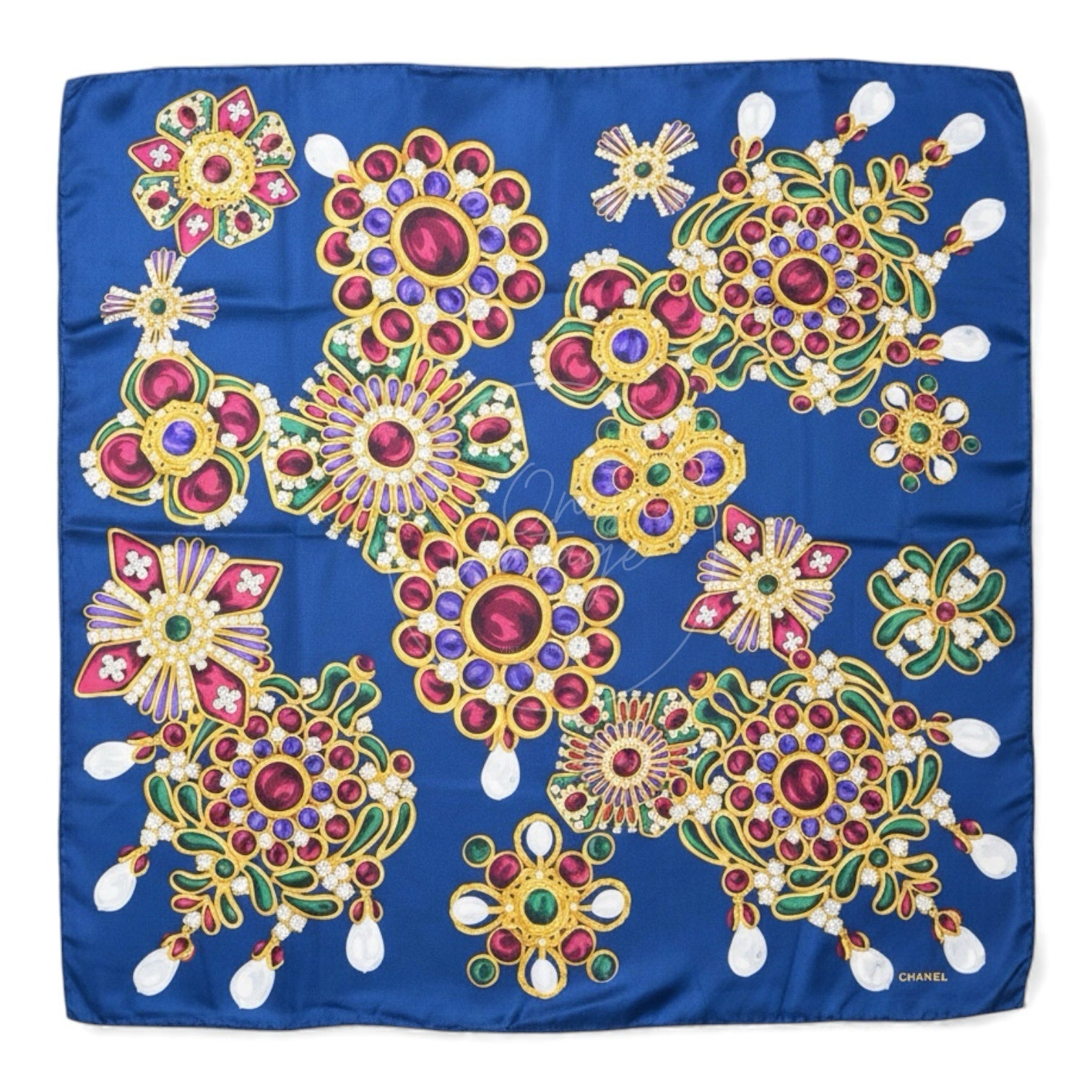 [Pre-owned] Chanel Jeweled Brooches Navy Square Scarf