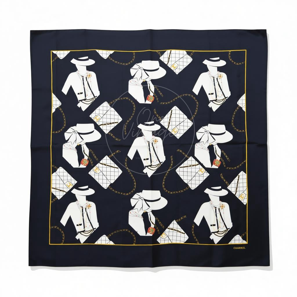 [Pre-owned] Chanel Coco Chanel Mademoiselle Pattern Black Square Scarf