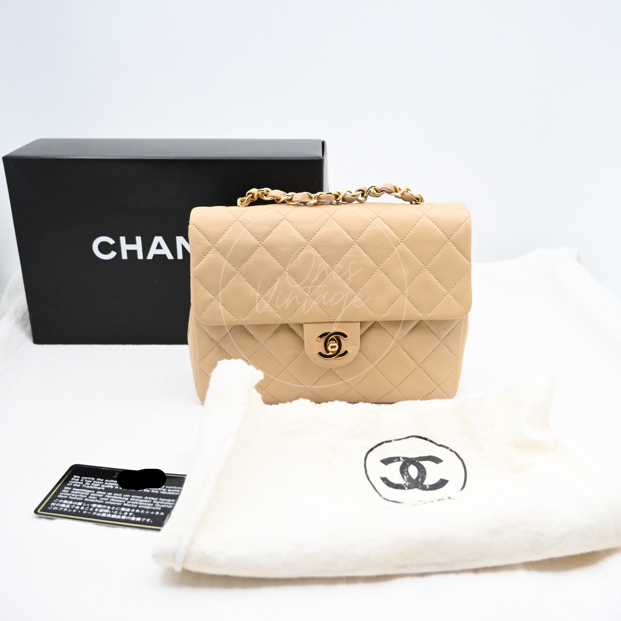 [Pre-owned] Chanel Vintage Beige Lambskin Mini Square Classic Flap Bag