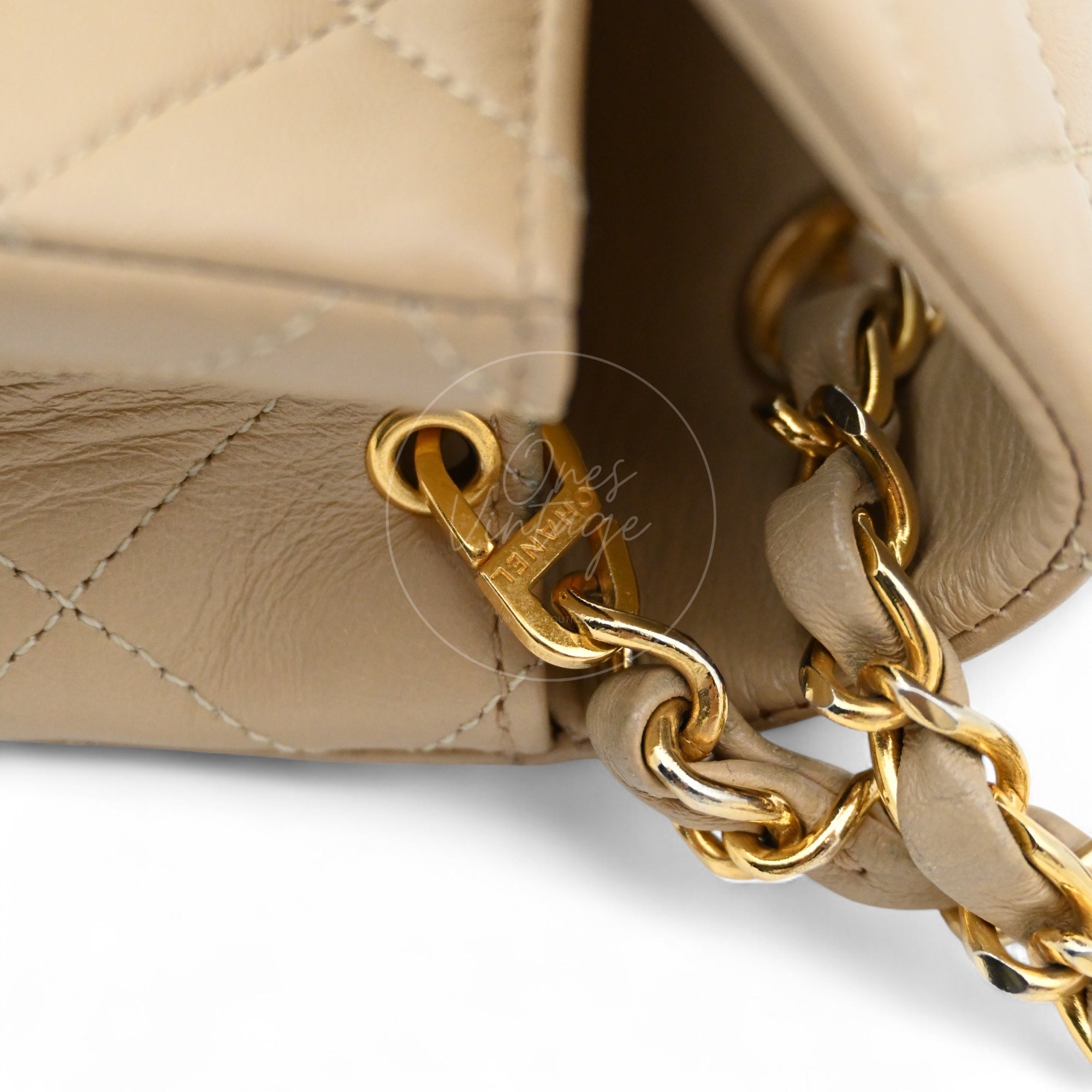 [Pre-owned] Chanel Vintage Beige Lambskin Mini Square Classic Flap Bag