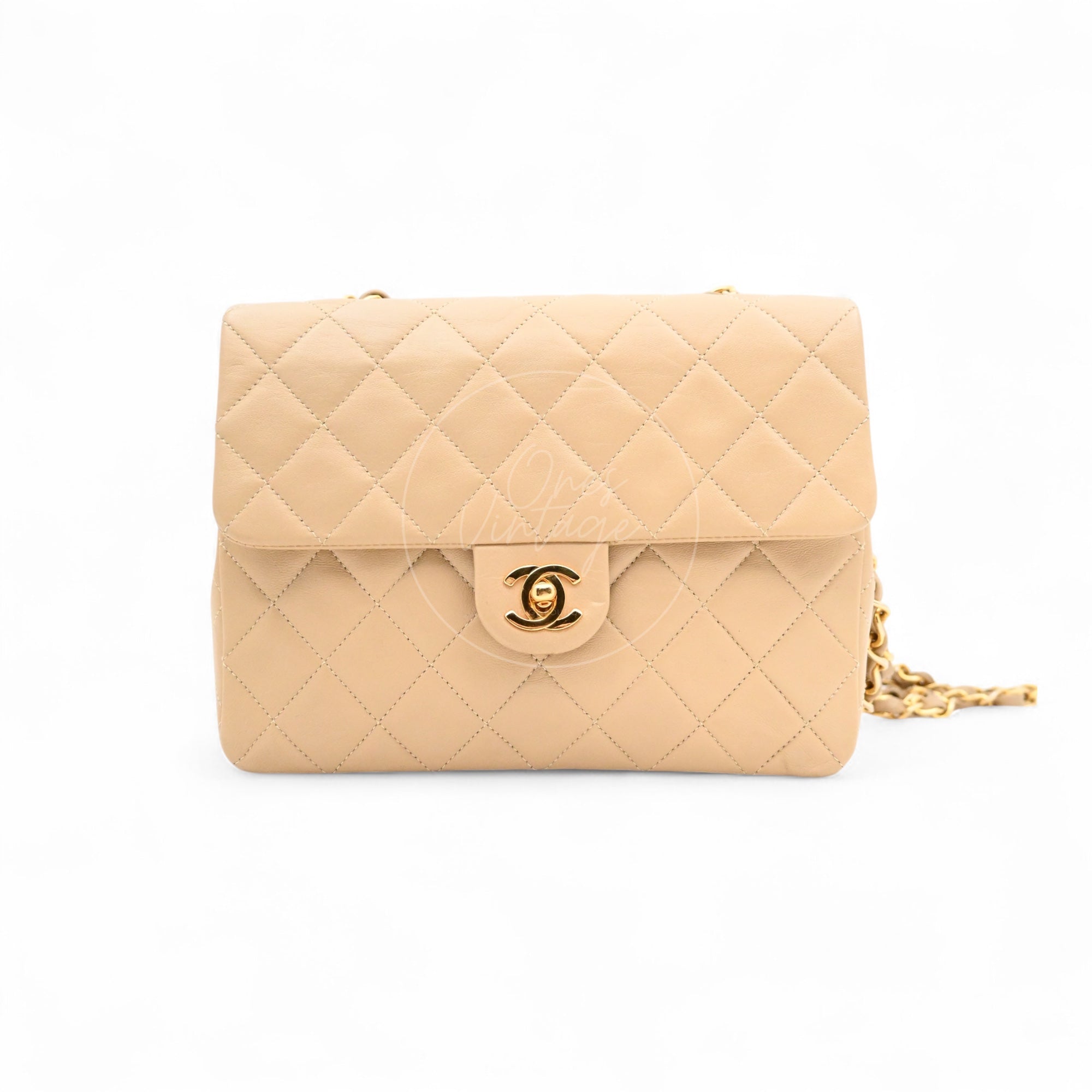 [Pre-owned] Chanel Vintage Beige Lambskin Mini Square Classic Flap Bag