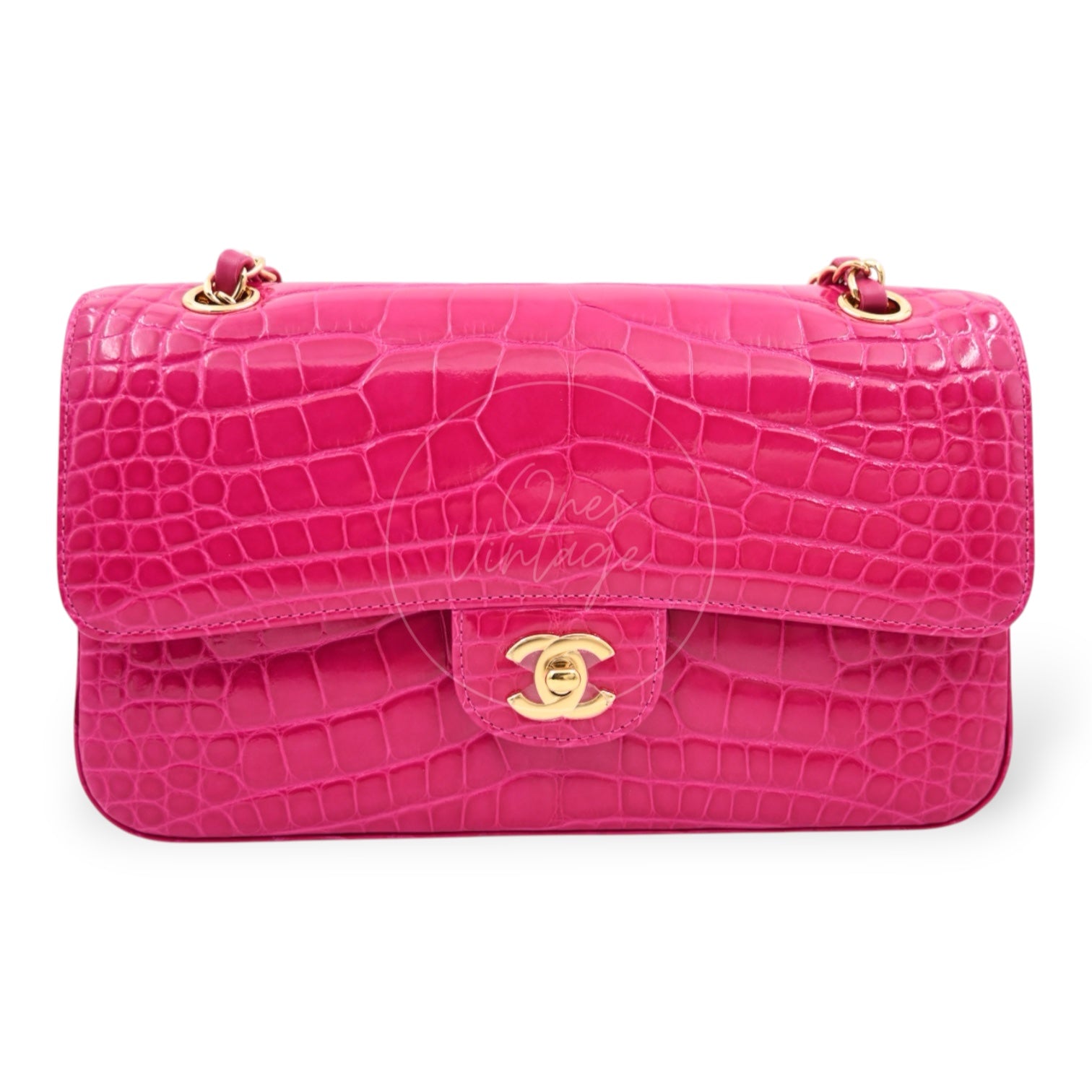 [Pre-owned] Chanel Shiny Pink Alligator GHW Medium Classic Flap Bag