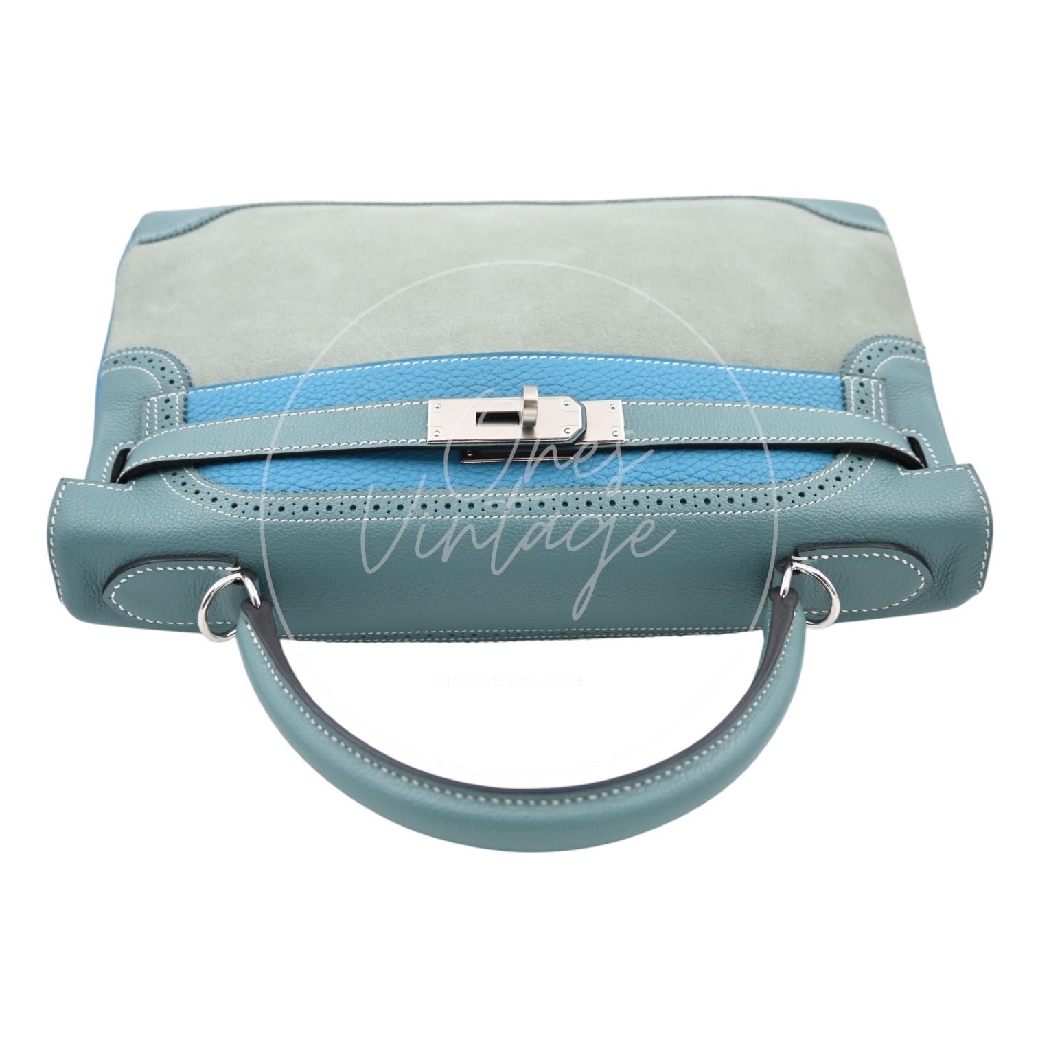 [Pre-owned] Hermes Kelly Ghillies 32 Turquoise Doblis Suede Clemence Evercolor Tricolour PHW Bag